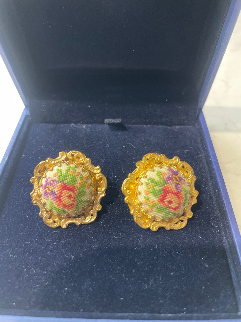 Vintage Gold tone Floral Embroidered Button Earrings
